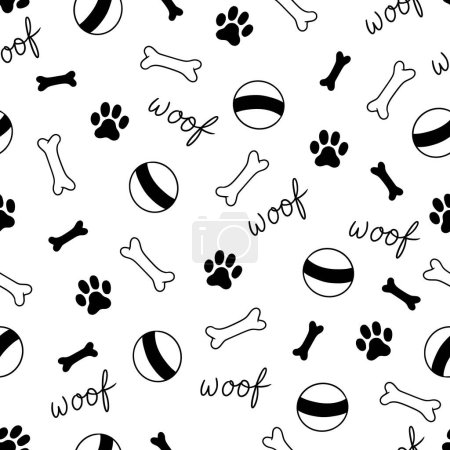 Illustration for Dog bone seamless pattern. Dog footprint stamp, bone, toy background. Puppy cute hand drawn doodle texture wallpaper. Vector illustration - Royalty Free Image