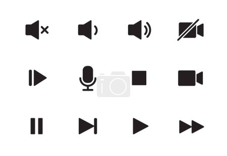 Illustration for Audio, video, music player button icon. Sound control, play, pause button solid icon set. Camera, media control, microphone interface pictogram. Vector illustration. - Royalty Free Image