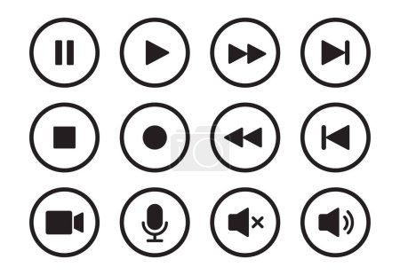 Illustration for Audio, video, music player circle button icon. Sound control, play, pause button solid icon set. Camera, media control, microphone interface pictogram. Vector illustration. - Royalty Free Image