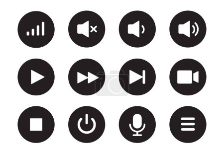 Illustration for Audio, video, music player circle button icon. Sound control, play, pause button solid icon set. Camera, media control, microphone interface pictogram. Vector illustration. - Royalty Free Image