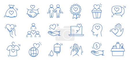 Illustration for Charity hand, money, blood donation doodle line icon. Charity volunteer, support, blood donor concept icon set. Volunteer heart, donate food hand drawn doodle sketch style line. Vector illustration - Royalty Free Image
