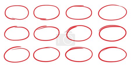 Hand drawn red oval set. Hand drawn doodle marker, pen stroke line highlight oval frame. Scribble round frame for text highlight. Grunge scratch style set. Vector illustration