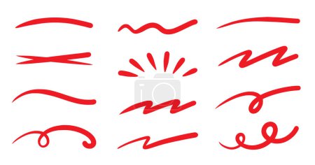 Rote Schnippelpinsel unterstreichen. Marker Pen Hervorhebung unterstreichen roten Swoosh-Strich. Vector swoosh brush underline set for accent, marker emphasis squiggle element. Vektorillustration