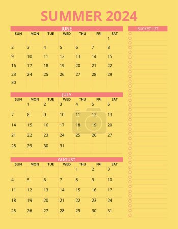 Large Summer 2024 Calendar with bucket list