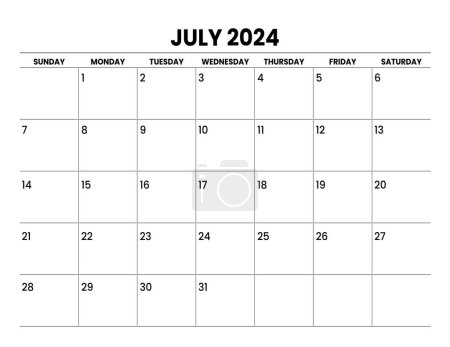 Illustration for 2024 JULY Calendar sunday start, simple design - Royalty Free Image