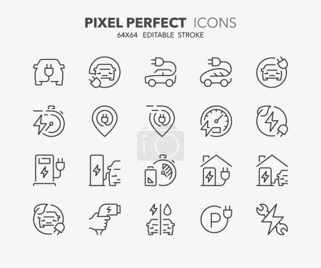 Illustration for Thin line icons set of electric car. Outline symbol collection. Editable vector stroke. 64x64 Pixel Perfect. - Royalty Free Image