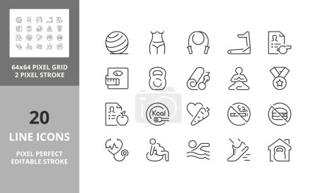 Illustration for Line icons about fitness, gym and health care. Editable vector stroke. 64 and 256 Pixel Perfect scalable to 128px - Royalty Free Image