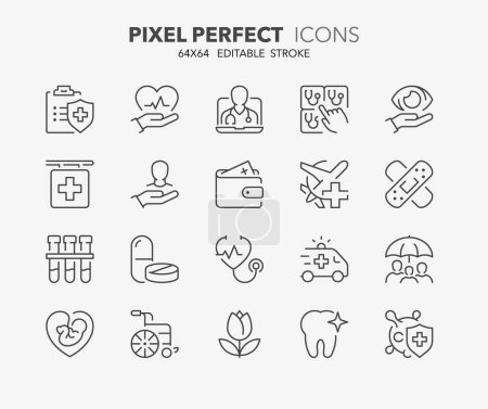 Cienki zestaw ikon ubezpieczenia zdrowotnego. Zarys kolekcji symboli. Edytowalny skok wektora. 64x64 pikseli idealny.