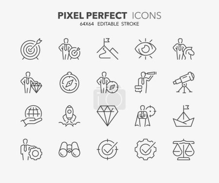 Thin line icons set of Mission, vision and values. Business concepts Outline symbol collection. Editable vector stroke. 64x64 Pixel Perfect.