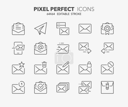 Thin Line Icons Set von E-Mail und E-Mail Konzepten. Umrissene Symbolsammlung. Editierbarer Vektorschlag. 64x64 Pixel perfekt.