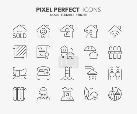 Thin line icons set of houses and real estate services. Outline symbol collection. Editable vector stroke. 64x64 Pixel Perfect.