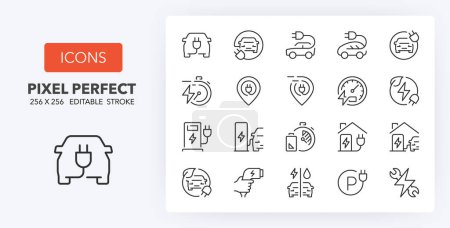 Illustration for Electric car. Thin line icon set. Outline symbol collection. Editable vector stroke. 256x256 Pixel Perfect scalable to 128px, 64px... - Royalty Free Image
