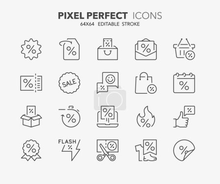 Thin line icons set of discounts and offers. Outline symbol collection. Editable vector stroke. 64x64 Pixel Perfect.