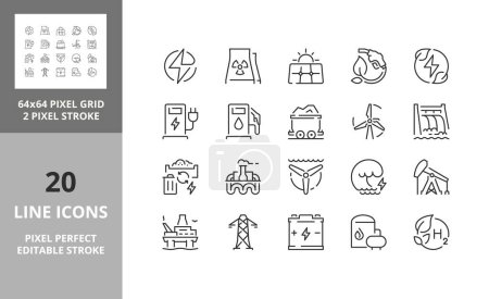 Illustration for Line icons about energies. Editable vector stroke. 64 and 256 Pixel Perfect scalable to 128px - Royalty Free Image
