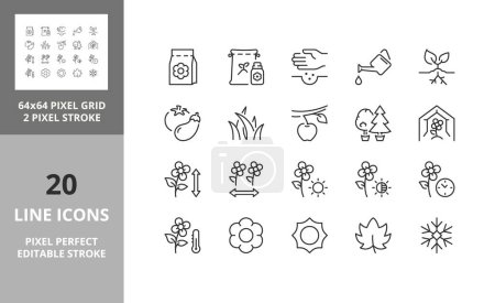 Illustration for Line icons about gardening and seeding activities. Editable vector stroke. 64 and 256 Pixel Perfect scalable to 128px - Royalty Free Image