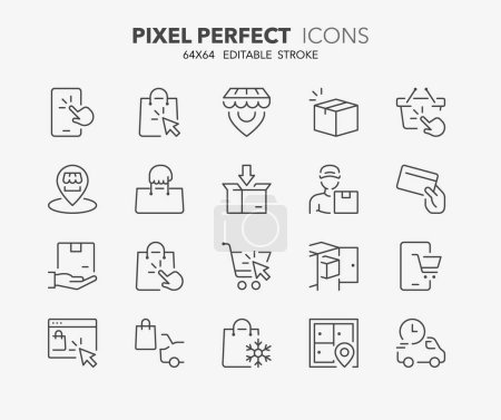 Thin line icons set of shopping online, click and collect. Outline symbol collection. Editable vector stroke. 64x64 Pixel Perfect.