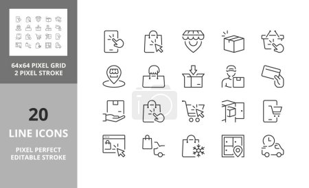 Téléchargez les illustrations : Line icons about shopping online, click and collect. Editable vector stroke. 64 and 256 Pixel Perfect scalable to 128px - en licence libre de droit