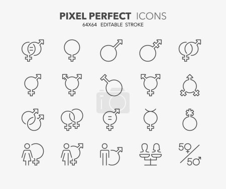 Illustration for Thin line icons set of gender and equality. Outline symbol collection. Editable vector stroke. 64x64 Pixel Perfect. - Royalty Free Image