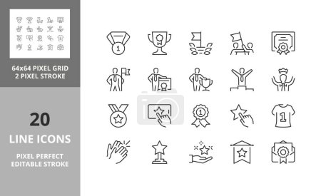 Illustration for Line icons about awards and acknowledgements. Editable vector stroke. 64 and 256 Pixel Perfect scalable to 128px - Royalty Free Image