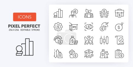 Illustration for Set of thin line icons of investment. Outline symbol collection. Editable vector stroke. 256x256 Pixel Perfect scalable to 128px, 64px... - Royalty Free Image