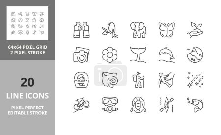 Ilustración de Line icons about outdoor and camping activities. Editable vector stroke. 64 and 256 Pixel Perfect scalable to 128px - Imagen libre de derechos