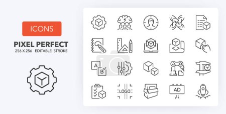 Illustration for Set of thin line icons of new product development. Outline symbol collection. Editable vector stroke. 256x256 Pixel Perfect scalable to 128px, 64px... - Royalty Free Image