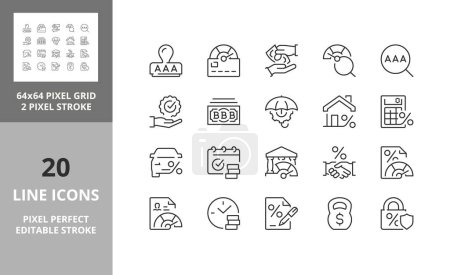 Illustration for Line icons about credit rating. Editable vector stroke. 64 and 256 Pixel Perfect scalable to 128px - Royalty Free Image