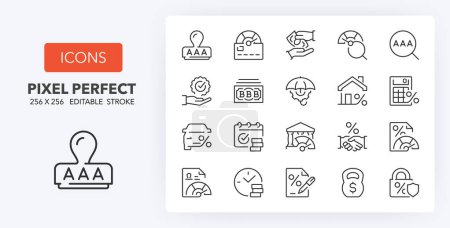 Illustration for Set of thin line icons of credit rating. Outline symbol collection. Editable vector stroke. 256x256 Pixel Perfect scalable to 128px, 64px... - Royalty Free Image