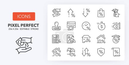 Illustration for Set of thin line icons of loan and credit rating. Outline symbol collection. Editable vector stroke. 256x256 Pixel Perfect scalable to 128px, 64px... - Royalty Free Image