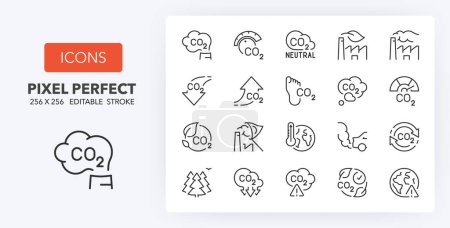 Illustration for Set of thin line icons of co2, climate change and co2 emissions. Outline symbol collection. Editable vector stroke. 256x256 Pixel Perfect scalable to 128px, 64px... - Royalty Free Image