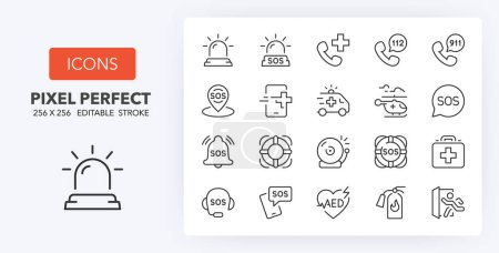 Illustration for Set of thin line icons of emergency and rescue services. Outline symbol collection. Editable vector stroke. 256x256 Pixel Perfect scalable to 128px, 64px... - Royalty Free Image