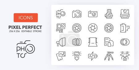 Illustration for Set of thin line icons of photography. Outline symbol collection. Editable vector stroke. 256x256 Pixel Perfect scalable to 128px, 64px... - Royalty Free Image