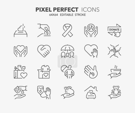 Set of charity and donations, thin line icons. Editable vector stroke. 64x64 Pixel Perfect.