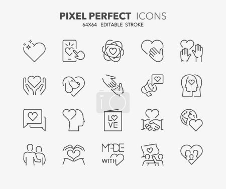 Illustration for Set of thin line icons about love. Editable vector stroke. 64x64 Pixel Perfect. - Royalty Free Image
