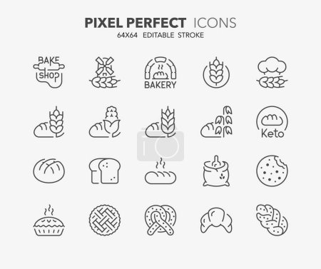Téléchargez les illustrations : Ensemble de boulangerie et pains, des icônes de ligne mince. Course vectorielle modifiable. 64x64 Pixel Parfait. - en licence libre de droit