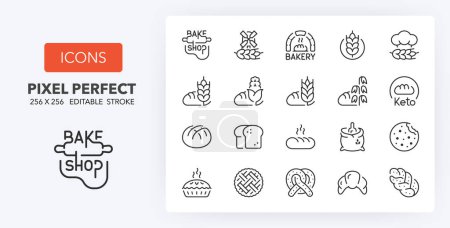 Illustration for Line icons about  bakery and breads. Thin line icon set. 512x512 Pixel Perfect.. Editable vector stroke. 64 and 256 Pixel Perfect scalable to 128px - Royalty Free Image