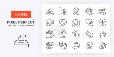 Illustration for Line icons about charity and donations. Thin line icon set. 512x512 Pixel Perfect.. Editable vector stroke. 64 and 256 Pixel Perfect scalable to 128px - Royalty Free Image