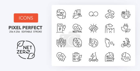 Illustration for Set of thin line icons of  net zero and sustainable development. Outline symbol collection. Editable vector stroke. 256x256 Pixel Perfect scalable to 128px, 64px... - Royalty Free Image
