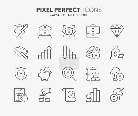 Set of thin line icons about financial concepts. Editable vector stroke. 64x64 Pixel Perfect.