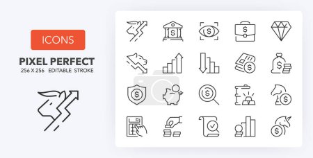 Illustration for Set of thin line icons of financial concepts. Outline symbol collection. Editable vector stroke. 256x256 Pixel Perfect scalable to 128px, 64px... - Royalty Free Image