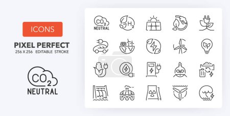 Set of thin line icons of green energy and ecology concepts. Outline symbol collection. Editable vector stroke. 256x256 Pixel Perfect scalable to 128px, 64px...