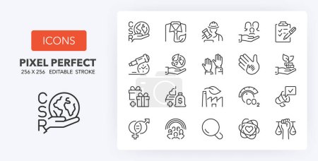 Illustration for Set of thin line icons about corporate social responsibility. Outline symbol collection. Editable vector stroke. 256x256 Pixel Perfect scalable to 128px, 64px... - Royalty Free Image