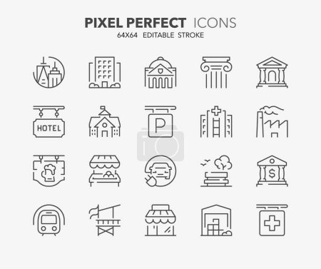 Illustration for Set of thin line icons about city buildings and services. Editable vector stroke. 64x64 Pixel Perfect. 1/2 - Royalty Free Image