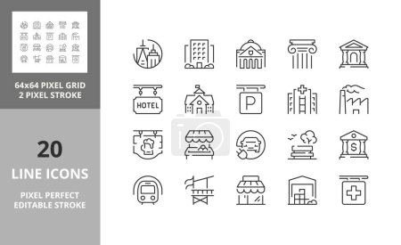 City buildings and services, thin line icon set 1/2. Outline symbol collection. Editable vector stroke. 64 and 256 Pixel Perfect scalable to 128px