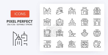 Set of thin line icons about city buildings and services. Outline symbol collection 2/2. Editable vector stroke. 256x256 Pixel Perfect scalable to 128px, 64px...