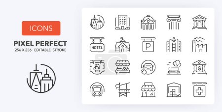 Set of thin line icons about city buildings and services. Outline symbol collection 1/2. Editable vector stroke. 256x256 Pixel Perfect scalable to 128px, 64px...