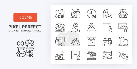 Illustration for Set of thin line icons about coworking and work spaces services. Outline symbol collection. Editable vector stroke. 256x256 Pixel Perfect scalable to 128px, 64px... - Royalty Free Image