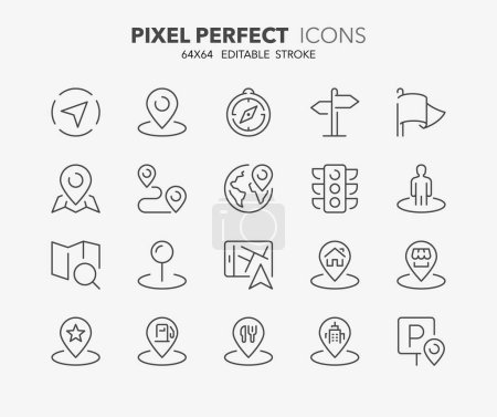 Illustration for Set of thin line icons about navigation and location. Editable vector stroke. 64x64 Pixel Perfect. 1/2 - Royalty Free Image