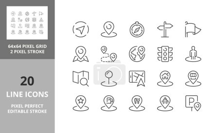Illustration for Navigation and location, thin line icon set 1/2. Outline symbol collection. Editable vector stroke. 64 and 256 Pixel Perfect scalable to 128px - Royalty Free Image