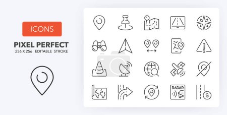 Set of thin line icons about navigation and location. Outline symbol collection 2/2. Editable vector stroke. 256x256 Pixel Perfect scalable to 128px, 64px...